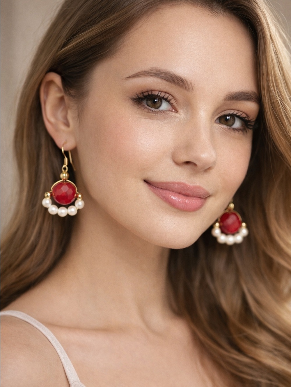 Chic Gold and Red Pearl Earrings